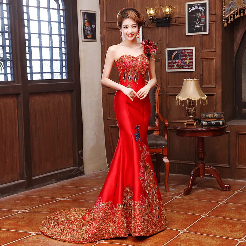 

Fashion Embroidery Qipao Dress Women Chinese Traditional Dress Long Cheongsams Evening Gown Red Bride Wedding Dress S M L XL XXL