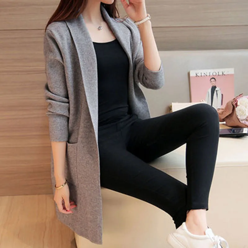 Женский свободный кардиган длинный трикотажный с длинным рукавом весна-осень 2019