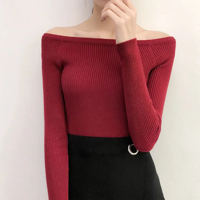 Slash шеи с открытыми плечами Топы для женщин трикотажные футболки сексуальные