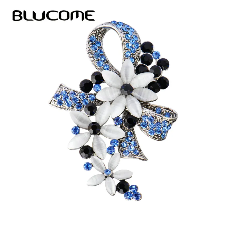 blue Blucome винтажные турецкие броши цветок бант брошь для женщин шарф имитация опалов античный серебряный цвет хиджаб булавка - Окраска металла: blue