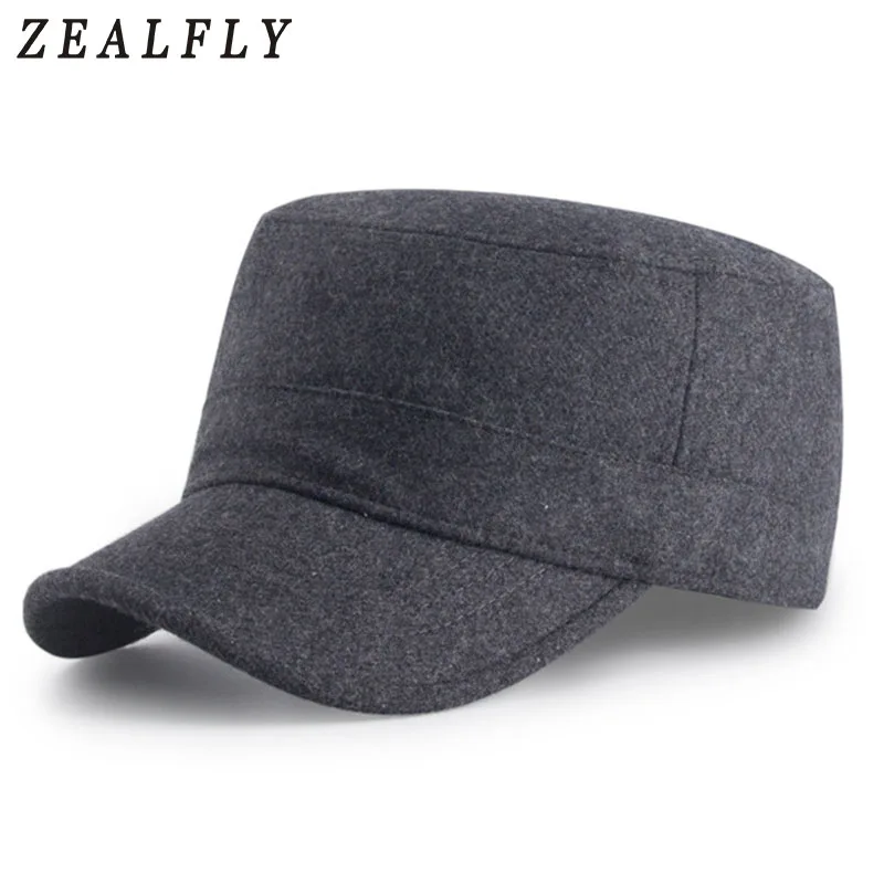 

Spring Autumn Woolen Solid Flat Top Army Cap Men Baseball Cap Women Adjustable Fashion New Warm Black Gray Hats Visor Bone