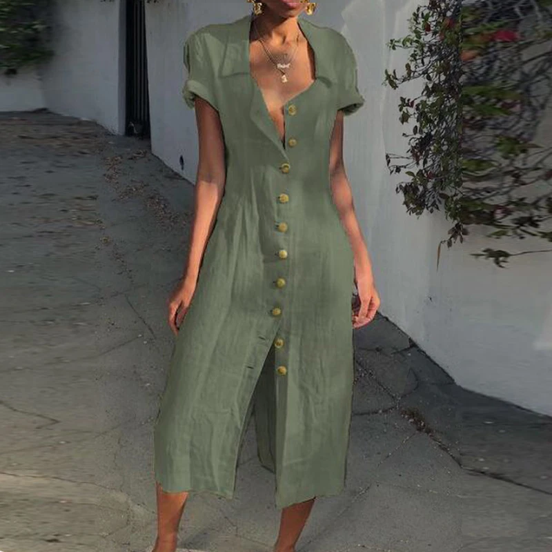 ELSVIOS Vestido Women's Solid Short Sleeve Casual Loose V-Neck Button Split Hem Long Dress Spring Summer Women Shirt Dresses 3XL | Женская