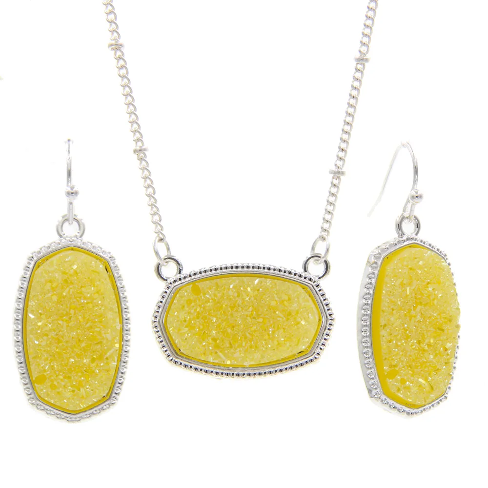 Yellow YJX Серебристый Овальный кулон ожерелье с серьгами комплект ювелирных изделий блеск друзы падение бутик - Окраска металла: Yellow