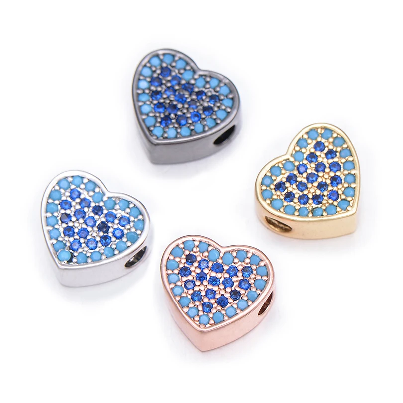 Pipitree 3pcs/lot Fashion Blue Zircon Heart Beads Charms fit Bracelet &amp Necklace Copper DIY CZ Charm Bead Spacers Jewelry Making |