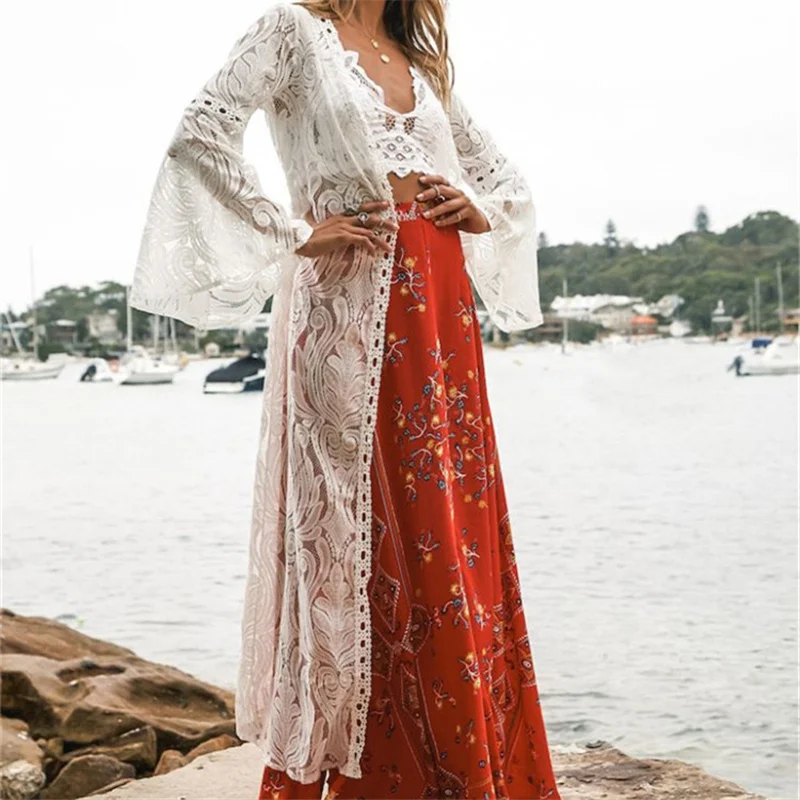 Длинная кружевная Пляжная накидка Robe de пляжный купальный костюм Cover up Saida Praia longa