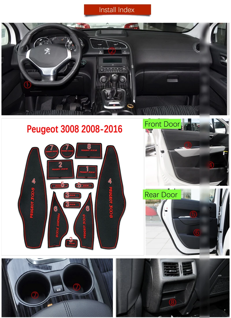 Противоскользящий коврик для затвора резиновые коврики чашек Peugeot 3008 2008 2016 MK1