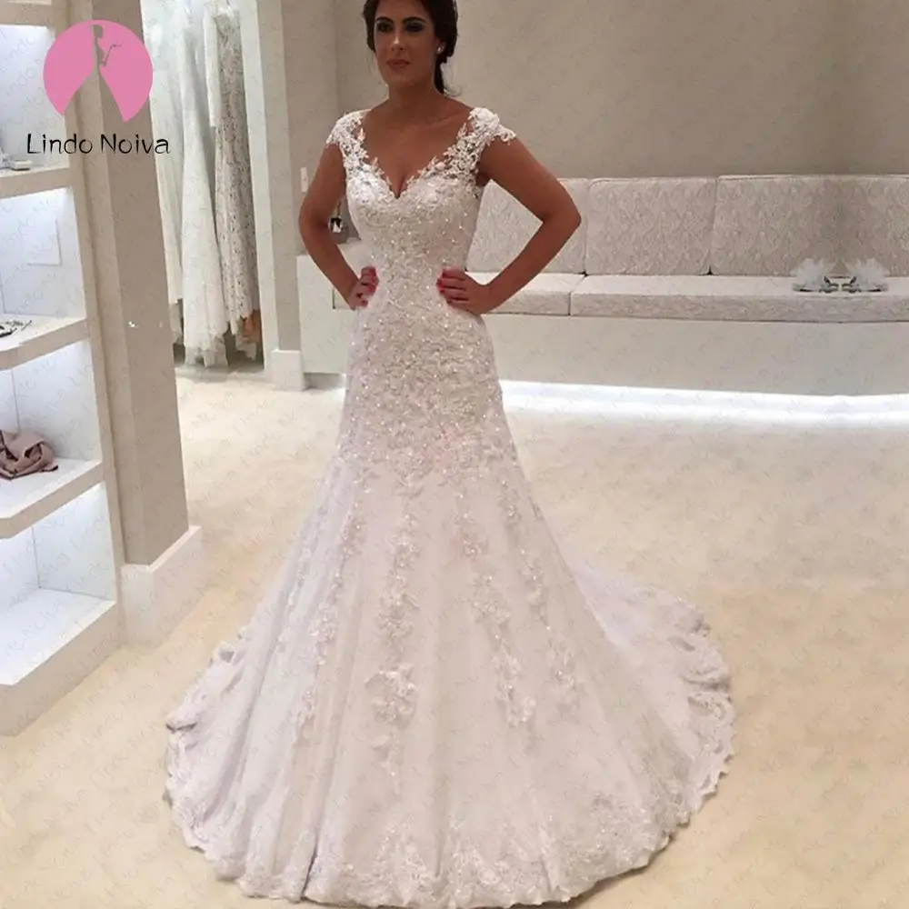 Skin color tulle Изготовление под заказ Vestido De Noiva сексуальное кружевное свадебное платье русалки с v-образным вырезом с короткими рукавами Дешевое платье невесты Robe De Mariage - Цвет: Skin color tulle
