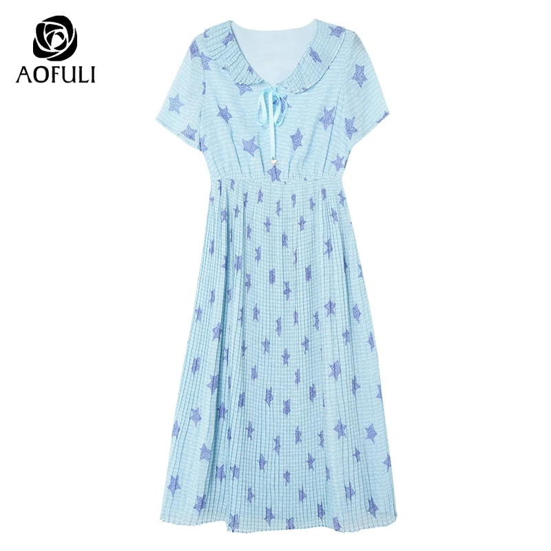 Женское плиссированное платье AOFULI Boho синее средней длины с коротким рукавом и