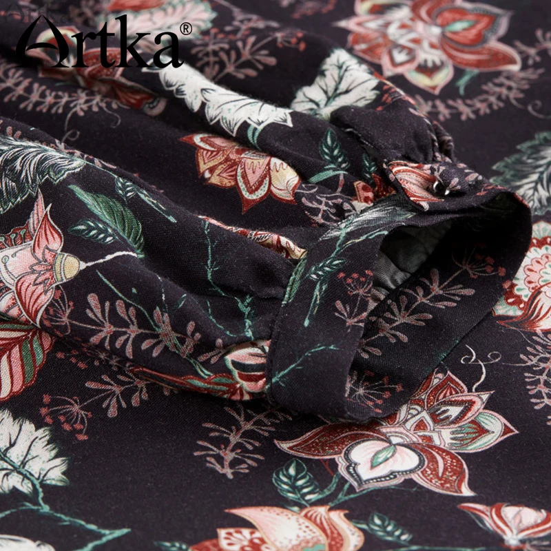 ARTKA женское летнее платье с длинным рукавом принтом фонариком и поясом винтажное