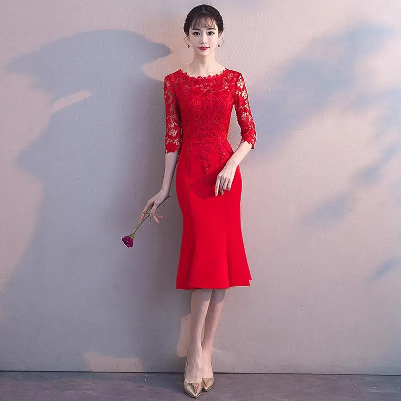 Китайское женское тост сексуальная одежда тонкое платье русалки Vestidos улучшенное О-образным вырезом Qipao благородное элегантное кружевное Чонсам оверсайз XXXL - Цвет: Style 8