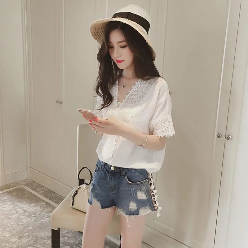 Женские кружевные блузки белые розовые повседневные топы лето 2914 | Женская