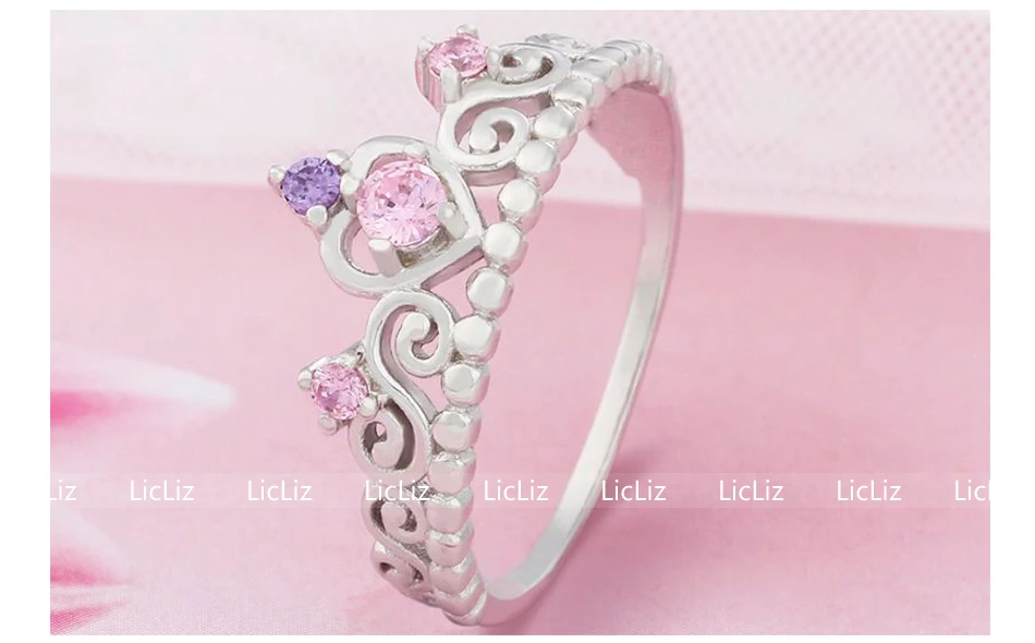 LicLiz 925 пробы Серебряная корона кольца для женщин обручальное кольцо фиолетовый розовый кубический цирконий полые Бесконечность Кольца LR0471