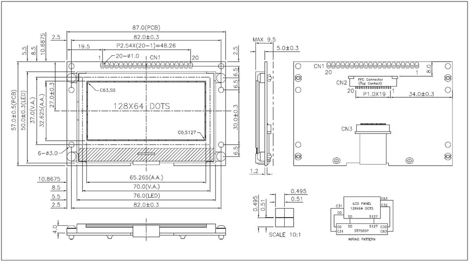 2," 87*57 мм 12864 128X64 графический COG lcd модуль дисплей экран LCM встроенный ST7565P, поддержка последовательного SPI