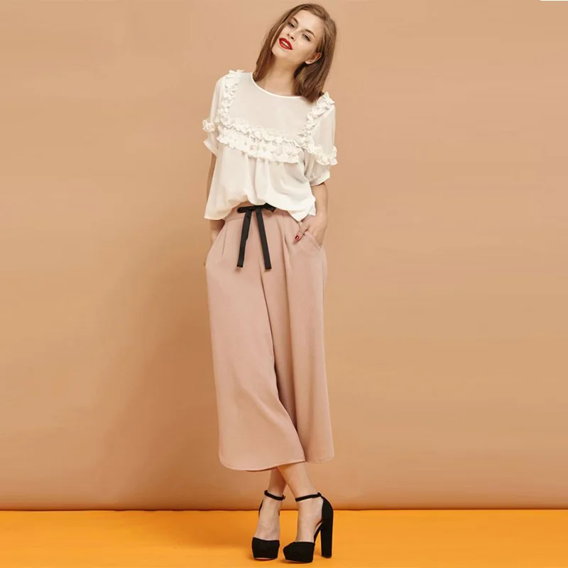 Розовые укороченные брюки с высокой талией и широкими штанинами для женщин милые