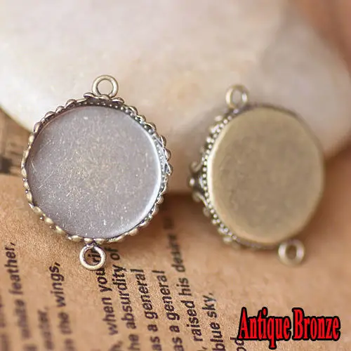 10PCS  inner 15mm Wholesale Antique Bronze/Silver Plated two way Pendant Blank Connector with Crown edge Bezel Setting Tray