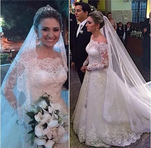 Длинное свадебное платье с вырезом лодочкой длинным рукавом и шлейфом|long wedding