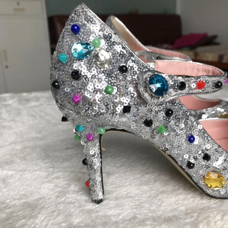 

VIISENANTIN Luxury Gemstone Pointed High Heels Rhinestones Bling Silver Sequins Shoes Luxury Wedding Shoes Thin Heel Pump Women