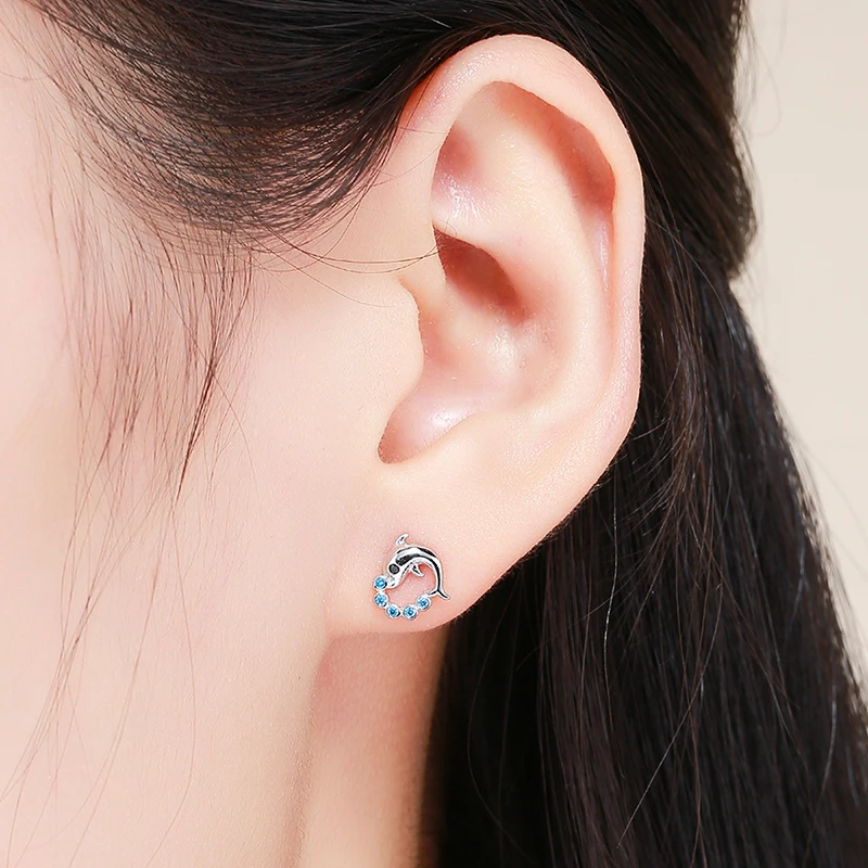 HoHangFuk Unique 925 Sterling Silver Cute Dolphin Animal With Blue Zircon Stud Earrings for Women Jewelry | Украшения и