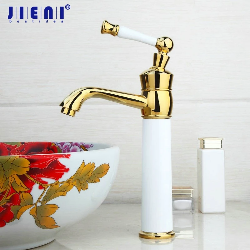 

JIENI White Golden Plated Bathroom Hot Cold Water Mixer Tap Golden Polish Deck Mounted Basin Faucet Washbasin Tap