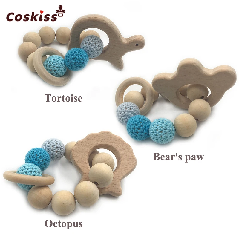 Pulsera de madera con forma de Animal para beb&eacute;, mordedor ecol&oacute;gico, juguete de dentici&oacute;n infantil, brazalete con forma de sonajero, regalo-1