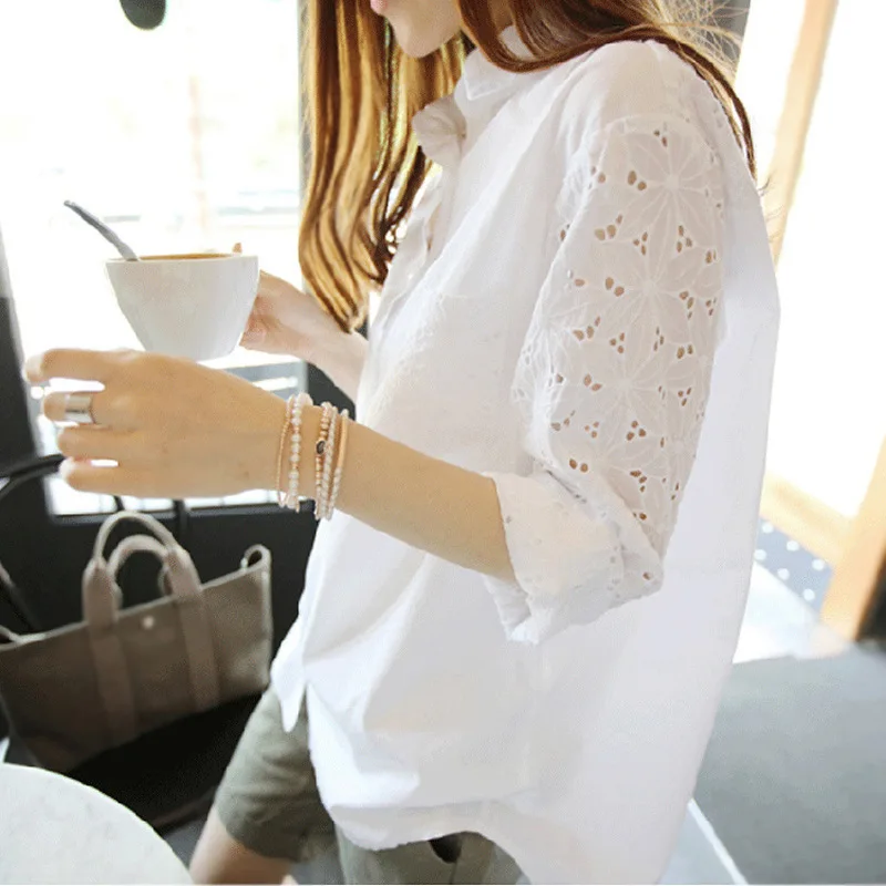 

Spring Summer New Pattern Stitching Lace Full Sleeve Irregular Hem White Lasides Fashion Loose Shirt