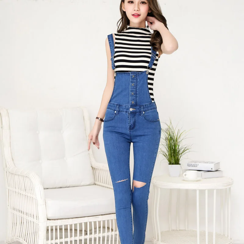 Vetevidi 2017 джинсовый комбинезон женский Vaqueros длинные штаны рваные джинсы