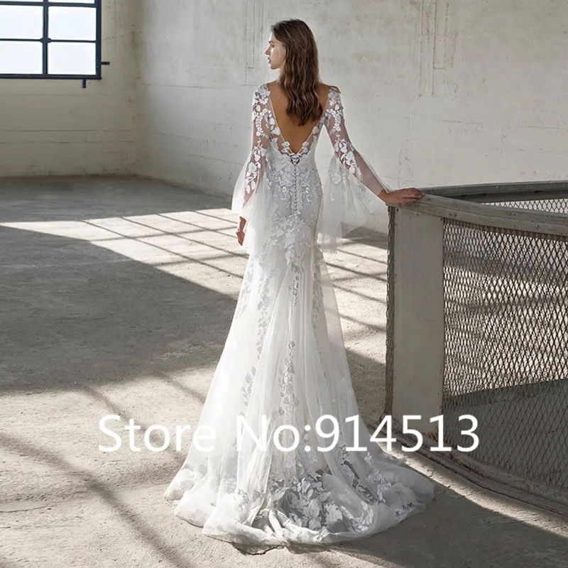 Сексуальные свадебные платья Русалка с кружевной аппликацией и длинным рукавом, свадебные платья с коротким шлейфом, Vestido De Noiva, тюль