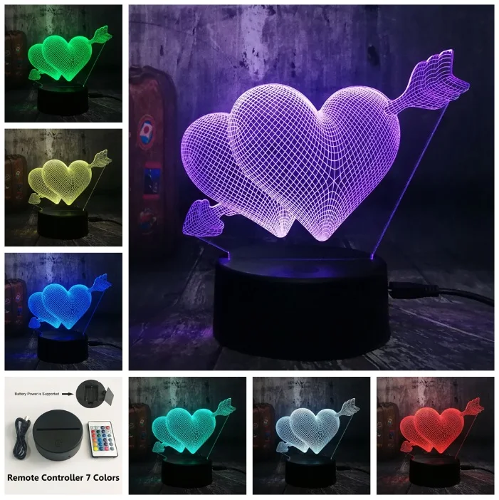 Controller 7 Color Романтическая любовь 3D стрелка через сердце светодиодный Ночной светильник Настольная лампа Свадебные Украшения в спальню для влюбленных и пара и лучшим подарком - Испускаемый цвет: Controller 7 Color