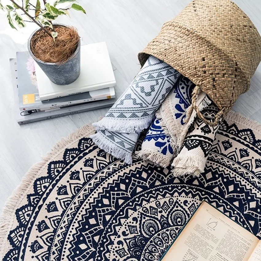 구매 보헤미안 라운드 모양의 다기능 기하학 그라운드 매트 92cm ,INS 인기 복고풍 장식 침대 옆 깔개, 면 식탁 매트