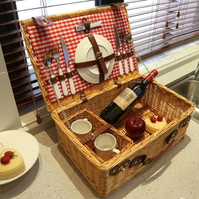 

Плетеная корзина для пикника, набор корзин для пикника ручной работы на открытом воздухе, для 4 человек, для пикника, вечеринки, плетеные корзины для пикника