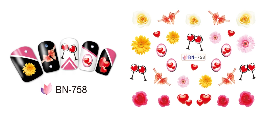 UPRETTEGO 12 упак./лот переводка NAIL ART Наклейки для ногтей на День святого Валентина свадьбы Kiss Bear сладкое сердце чашка любовь BN757-768