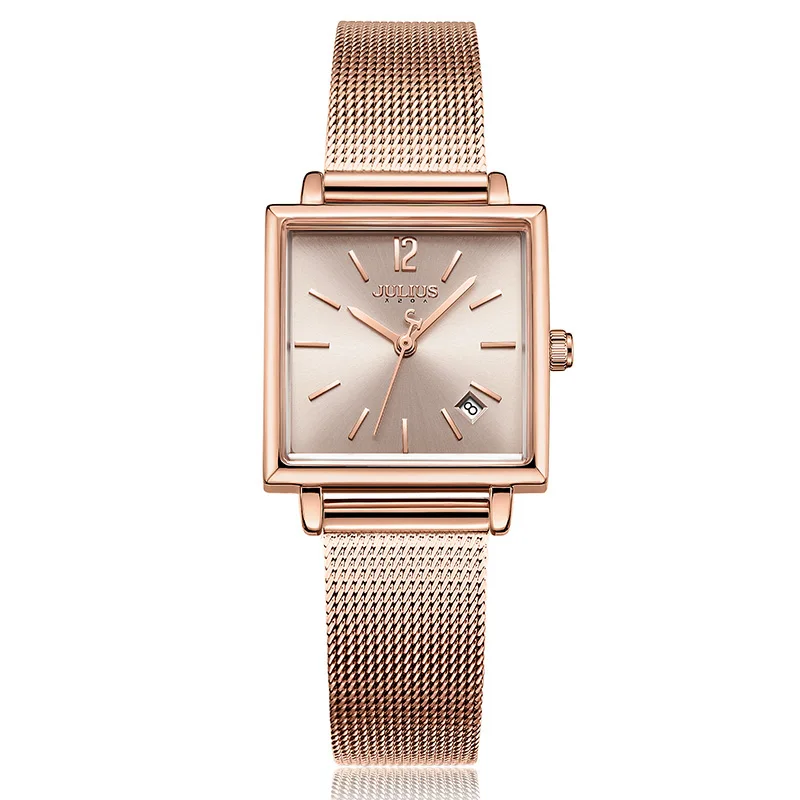 rose gold Julius для женщин нержавеющая сталь сетки браслет часы Дата дисплей дамы кварцевые часы роскошные квадратные розовое золото женские наручные часы - Цвет: rose gold