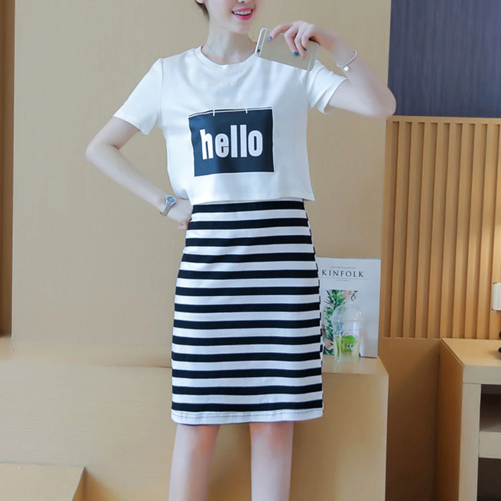 Женский комплект 2 шт. Полосатое платье майка с принтом костюмы футболкой Модный