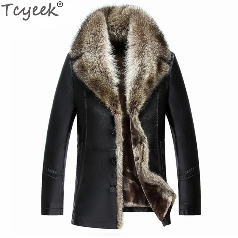 Мужская кожаная куртка Tcyeek черная коричневая деловая Повседневная 4XL с шерстяной