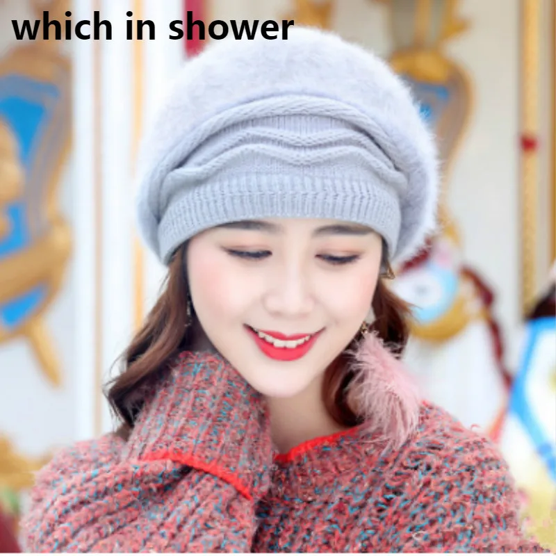 Двухслойная шерстяная теплая шапка Skullies & Beanies мягкая женская вязаная с кроличьим