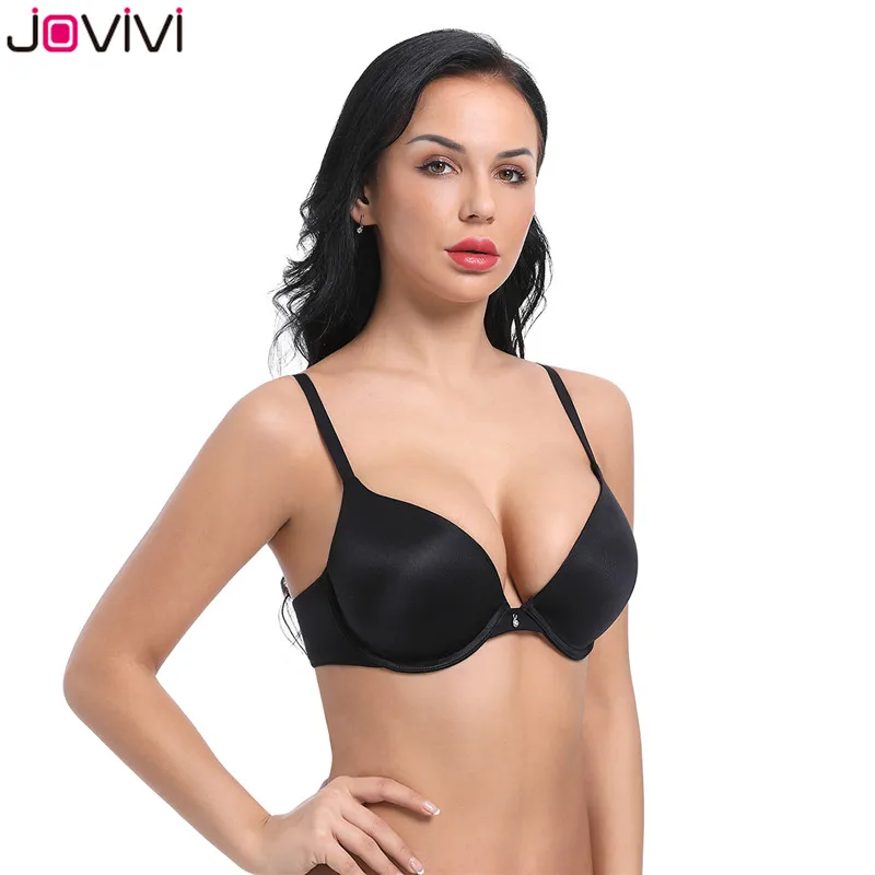 Jovivi 32A-38DD женская футболка бюстгальтер пуш-ап Повседневный базовый бюстгальтер для одежды с глубоким вырезом Гладкий слегка женский сексуальный бюстгалтер 1 шт. черный/белый/бежевый/розовый