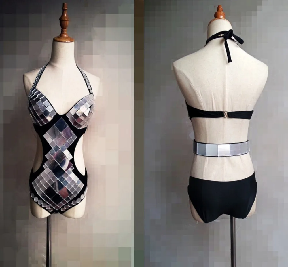 Silvery Gold Reflective mirror Bodysuit Sparkly Sequins Hollow Bodysuit Female Bar Singer DJ Costume Dancer Catwalk Stage Wear