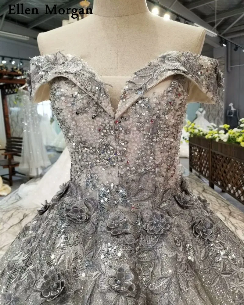Grey Sexy Ball Gowns Wedding Dresses 2019 for Women Lace up Beaded 3D Flowers Glitter Fabric Sequined off Shoulder Bridal | Свадьбы и