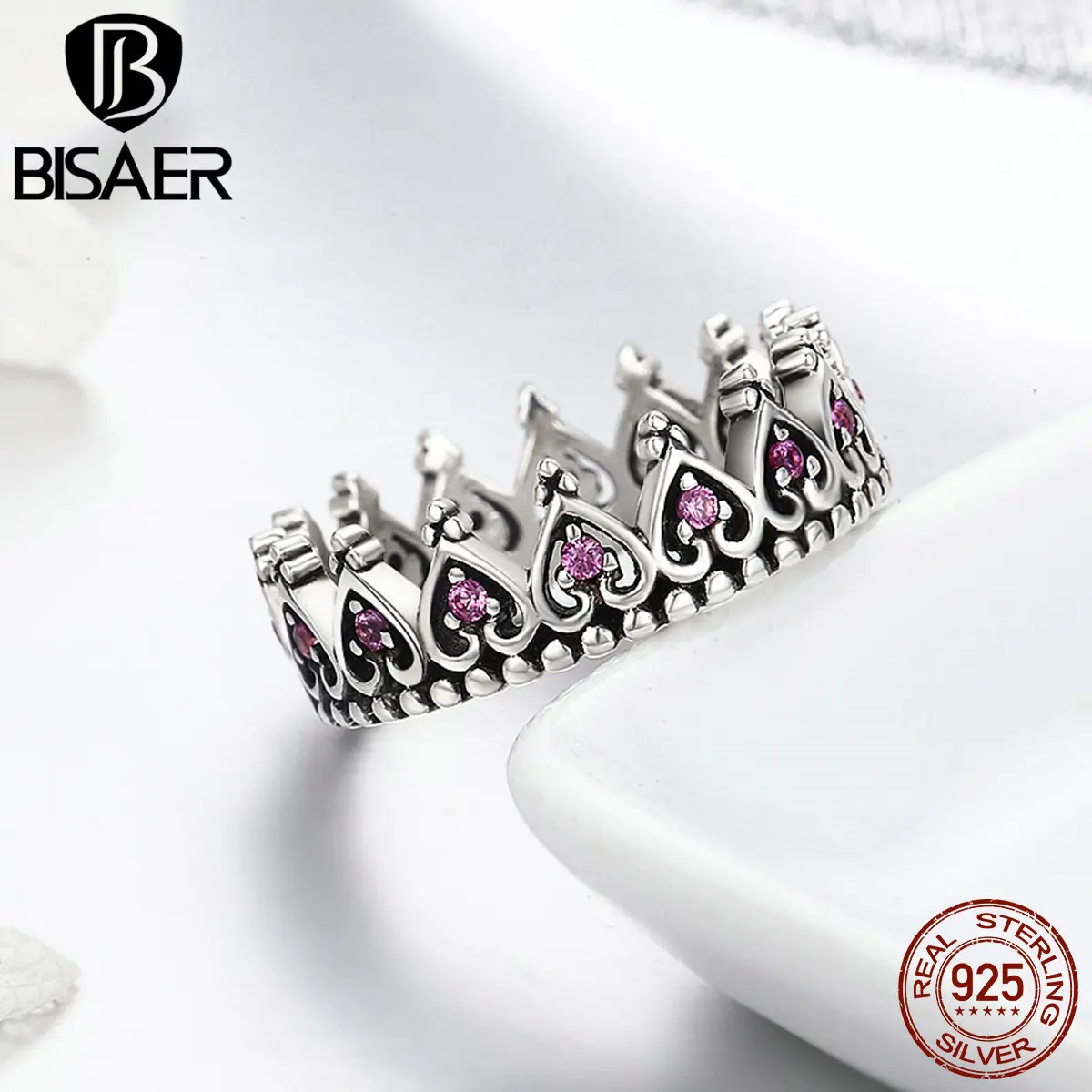 BISAER, винтажное Анель, 925 пробы, серебряная, королева, принцесса, корона, сердце, проложить, Женское кольцо для женщин, свадебное, обручальное, ювелирное изделие