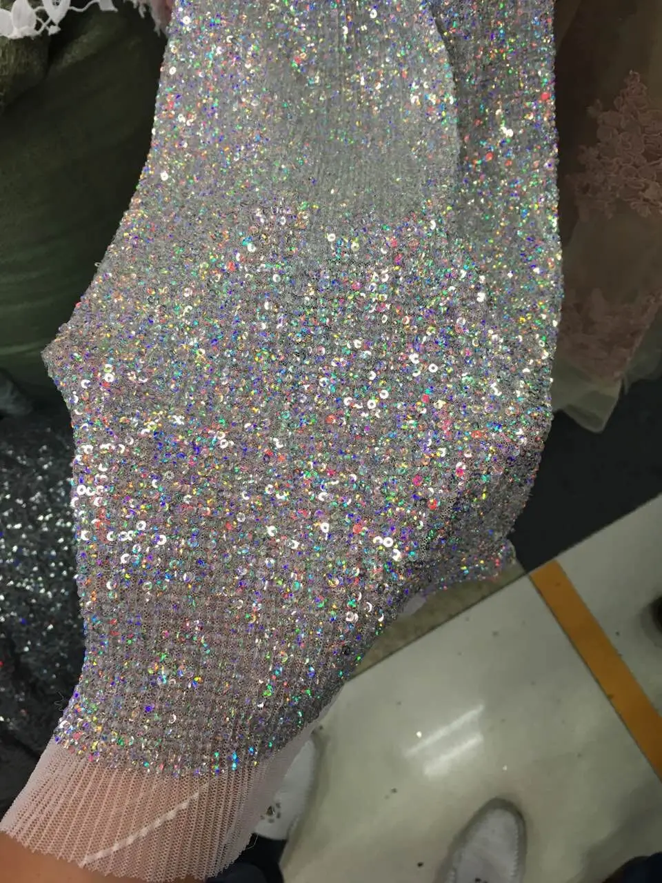 Высококачественная кружевная ткань с блестками яркая серебристая для