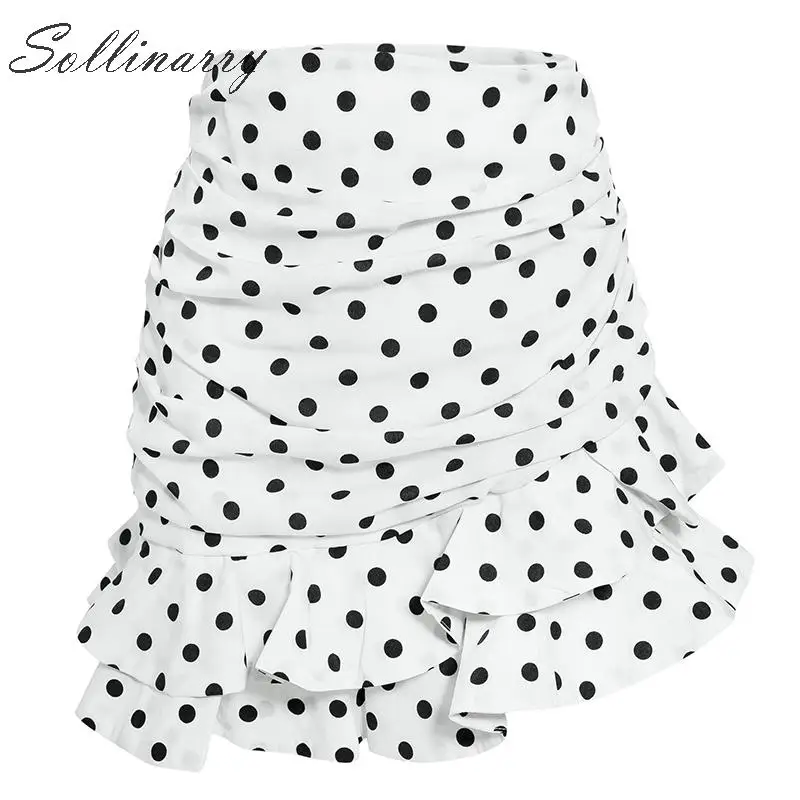Sollinarry, узор в горошек, Элегантные короткие женские юбки, высокая талия, Модные осенние юбки с оборками, Дамская зимняя облегающая юбка в стиле ретро