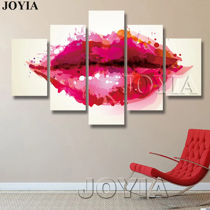 5 шт. холст настенное искусство красные губы абстрактные картины акварельные
