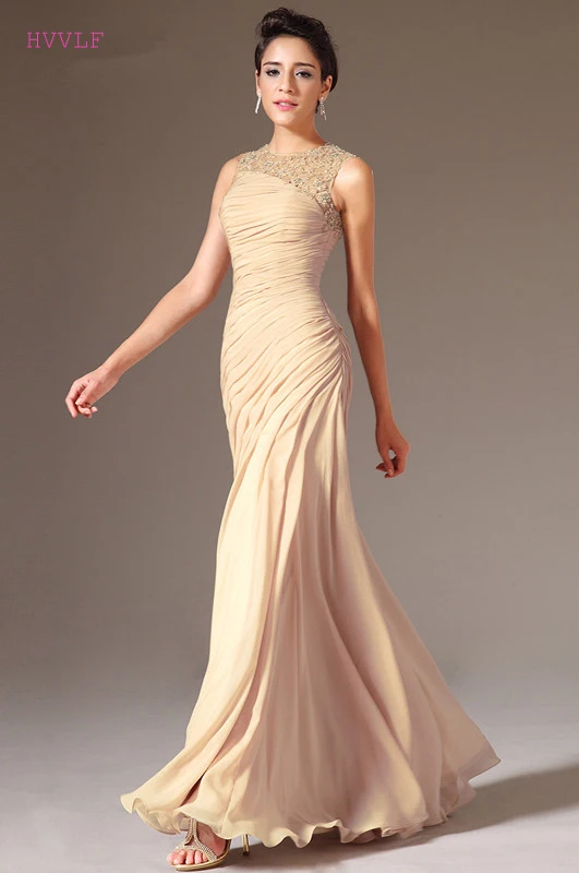 Вечернее платье цвета шампанского длинное шифоновое русалки с высоким