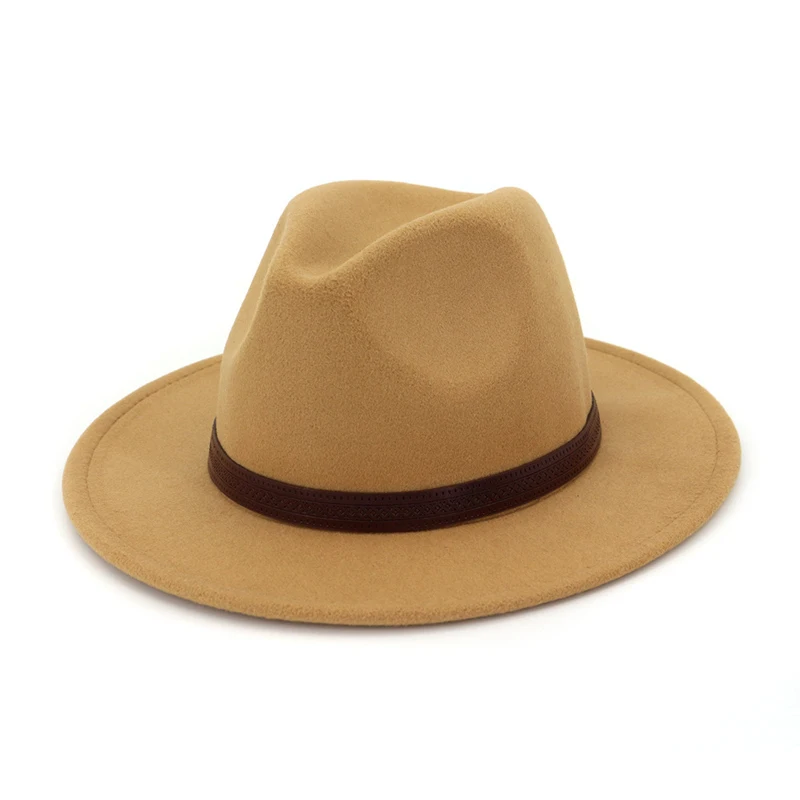 camel QIUBOSS Панама Джаз Fedora кепка для женщин и мужчин Шерсть фетр остроконечные широкие полями Дерби шляпа кофе кожа Украшение Gambler Chapeau QB42 - Цвет: camel