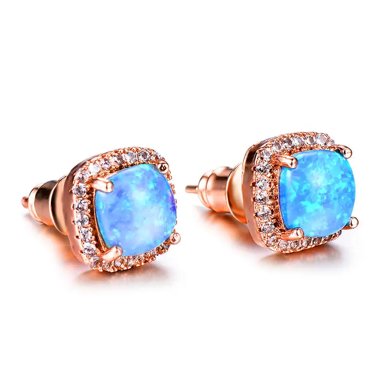 Женские серьги гвоздики Boho с голубым огненным опалом модные из розового золота