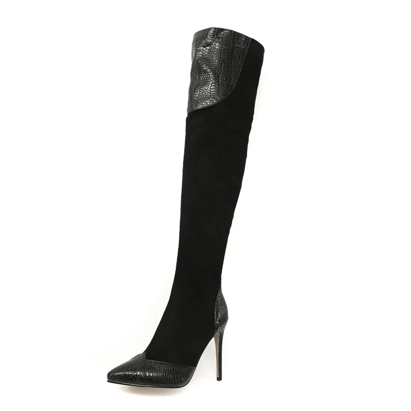 Женские ботфорты из флока MORAZORA Черные Сапоги выше колена на высоком каблуке с