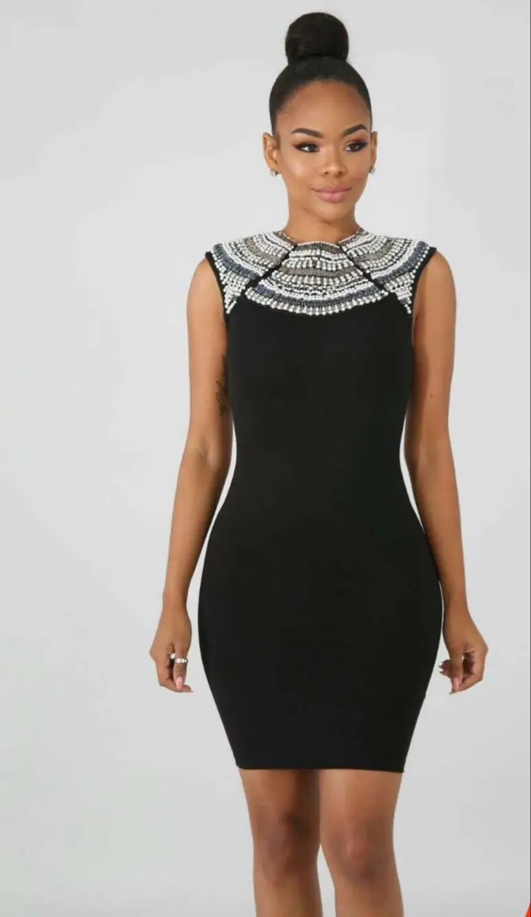 

High Quality Black Sleeveless Handmade Beading Rayon Bandage Dress Evening Party Dress