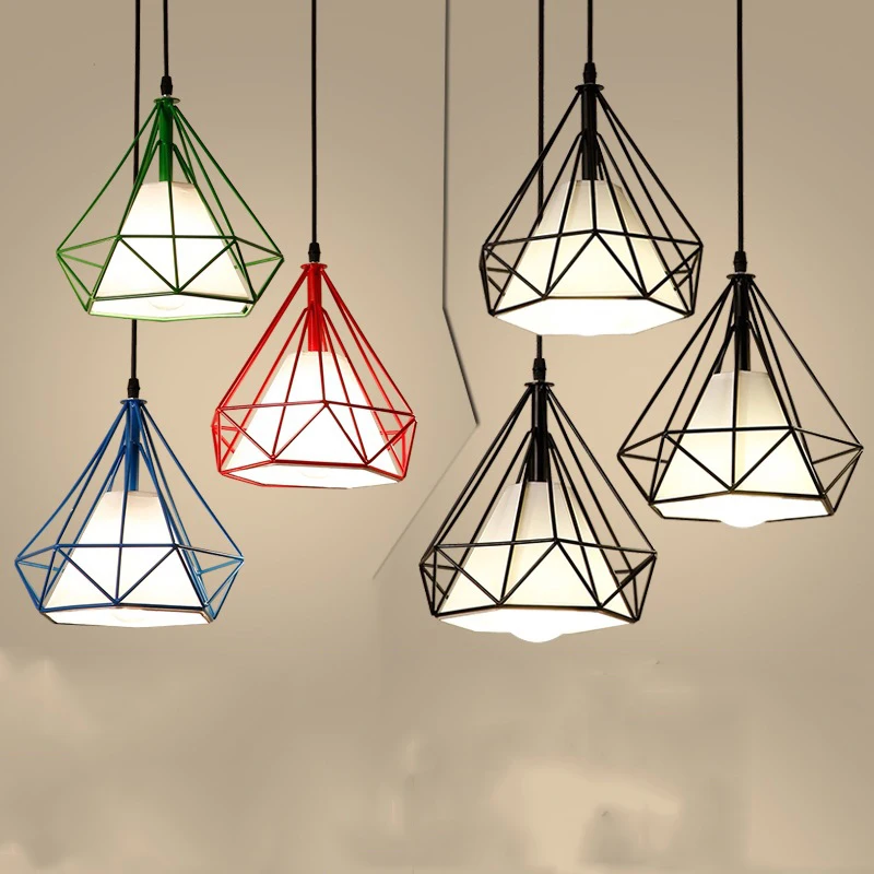

Modern Iron Pendant Light Black Hanging bird cage Led Lamp Diamond Pyramid Industrial Loft Dining Room Restaurant Bar Counter