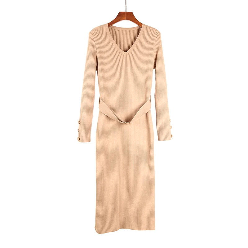 Женское трикотажное платье-свитер с V-образным вырезом | Женская одежда