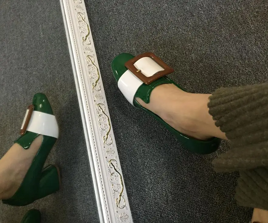 5cm Hoof Heel Women Pumps Mixed Colors Square Toe Buckle Lady Shoes Patent Leather Office Slip-On for Woman Tenis Feminino | Обувь